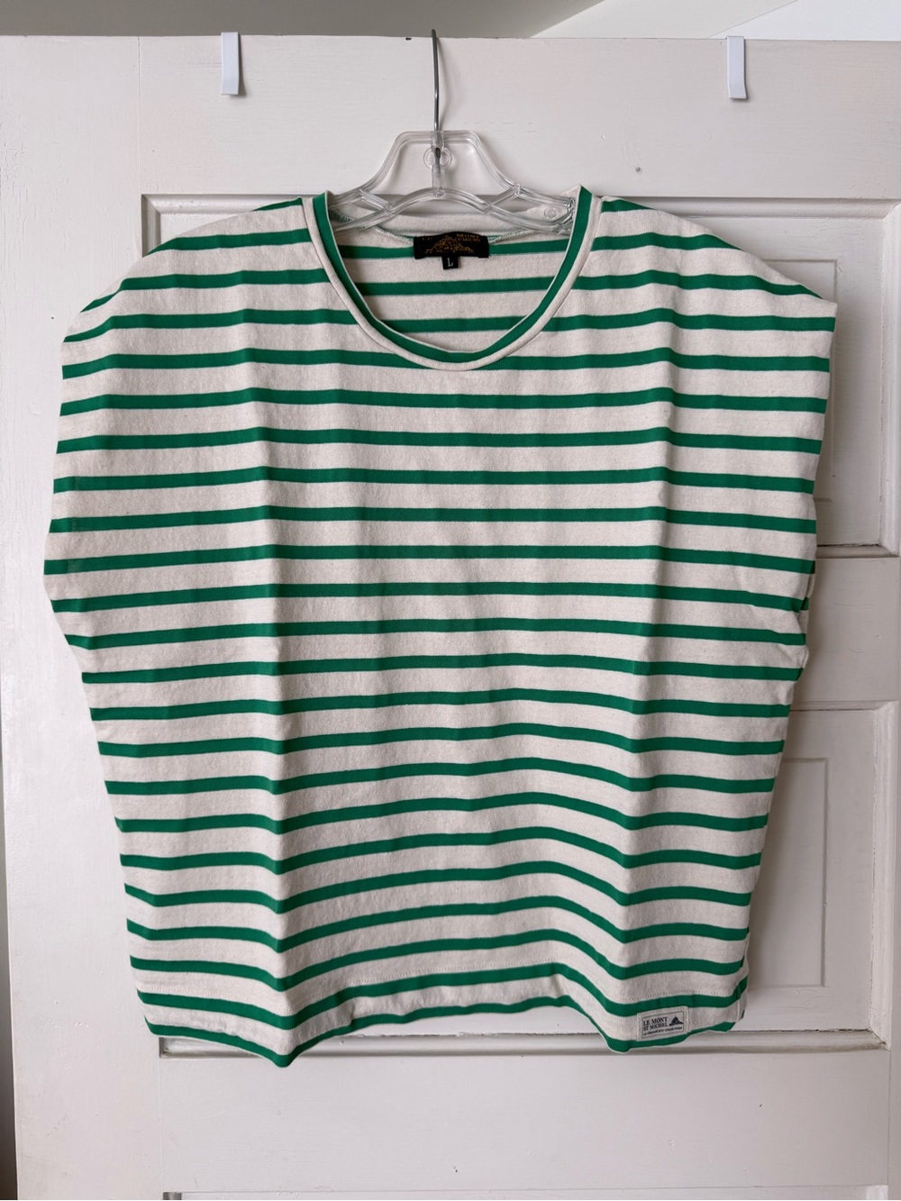 Le Mont St Michel Cotton Cap Sleeve Tee in Green and Cream stripe size L